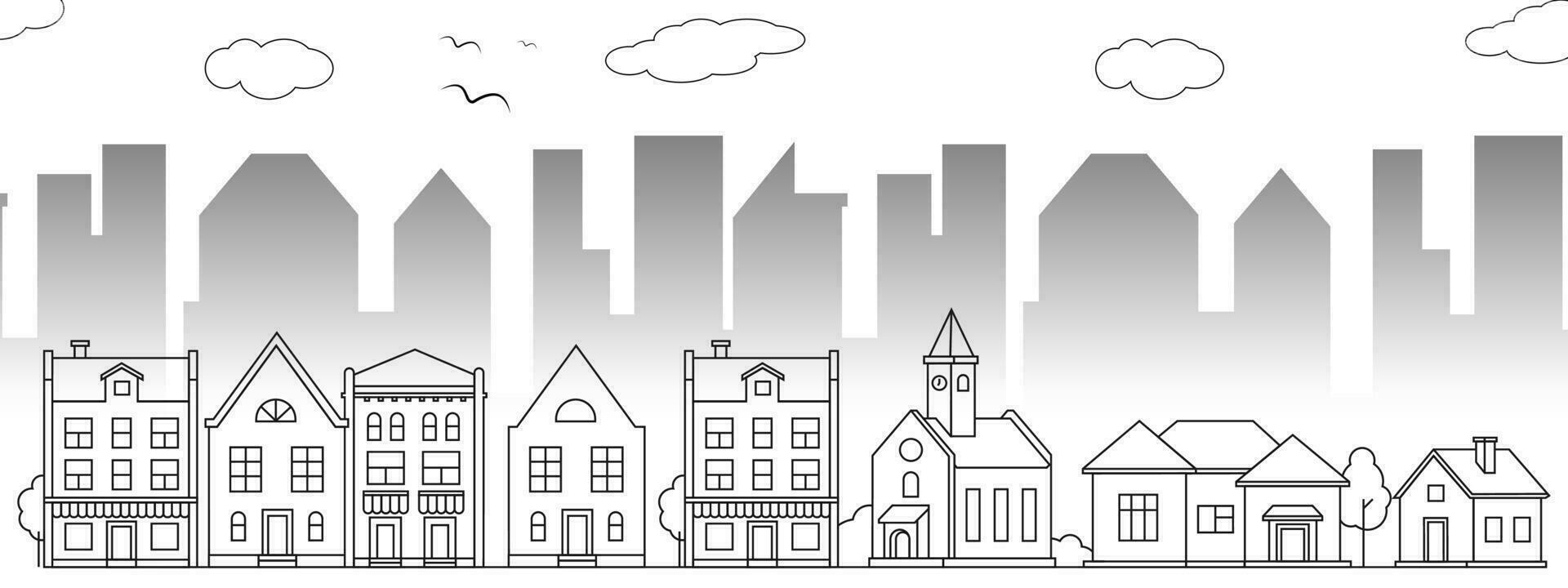 Small town neighborhood line art vector illustration. Small town outline design.