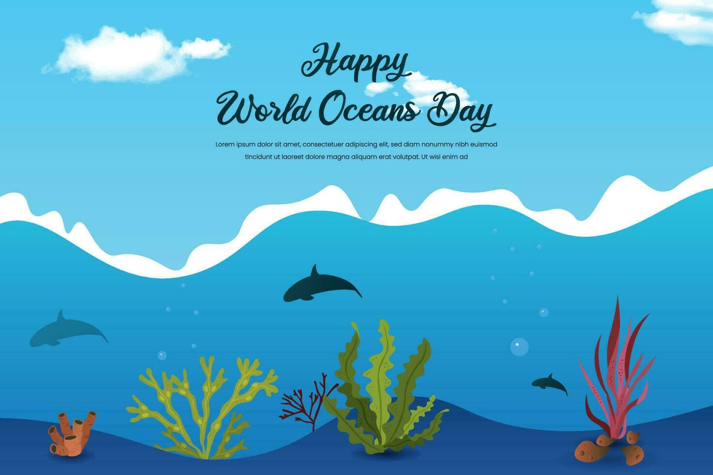 WORLD OCEAN DAY. Underwater landscape background with silhouette of dolphin. Underwater background vector illustration