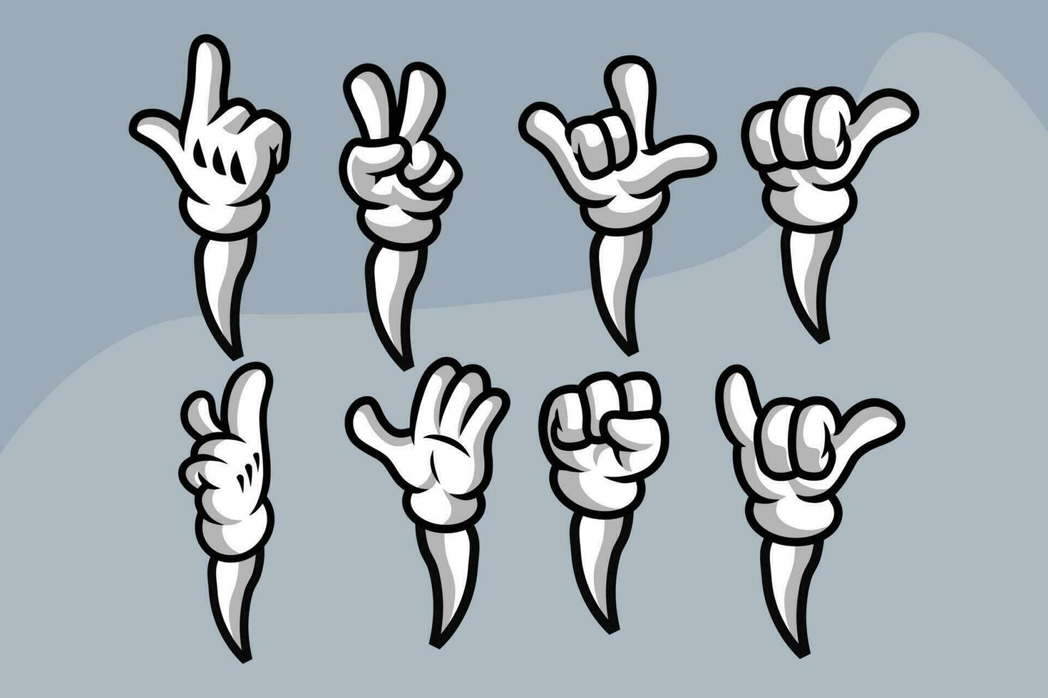 Set of cartoon hands. Comic arms with fingers in white gloves with various gestures, cartoon character body parts. Gesture hand finger count, thumb gesturing illustration vector