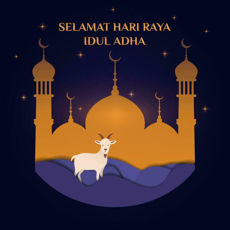 eid Alabama adha islámico modelo el celebracion de musulmán papel cortar estilo con mezquita y oveja. selamat hari raya idul adha traduce a eid Alabama adha mubarak. vector