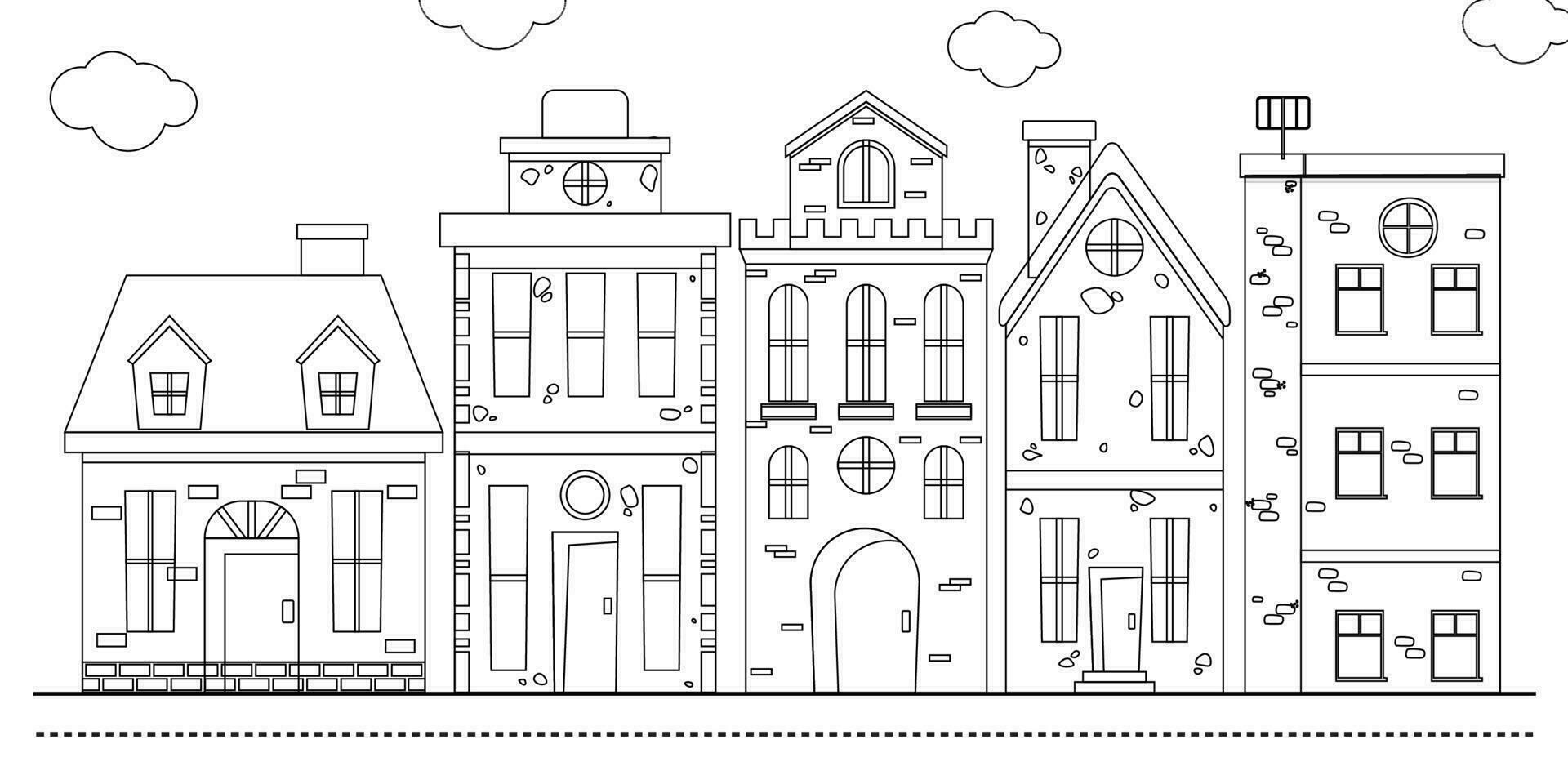 Small town neighborhood line art vector illustration. Small town ...