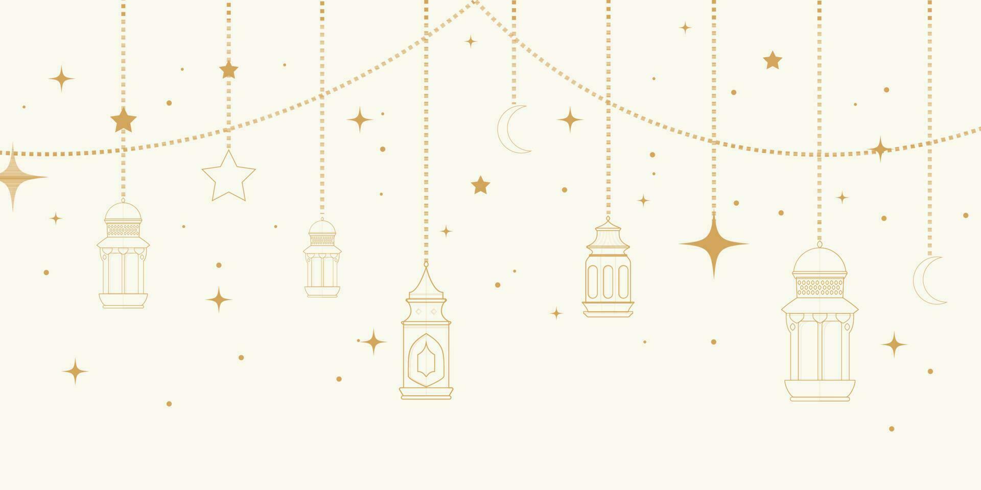 Muslim ornamental hanging golden lanterns, stars and moon vector illustration. Islamic oriental garland. Muslim holiday lantern traditional. Muslim ornamental hanging golden lanterns, stars and moon.