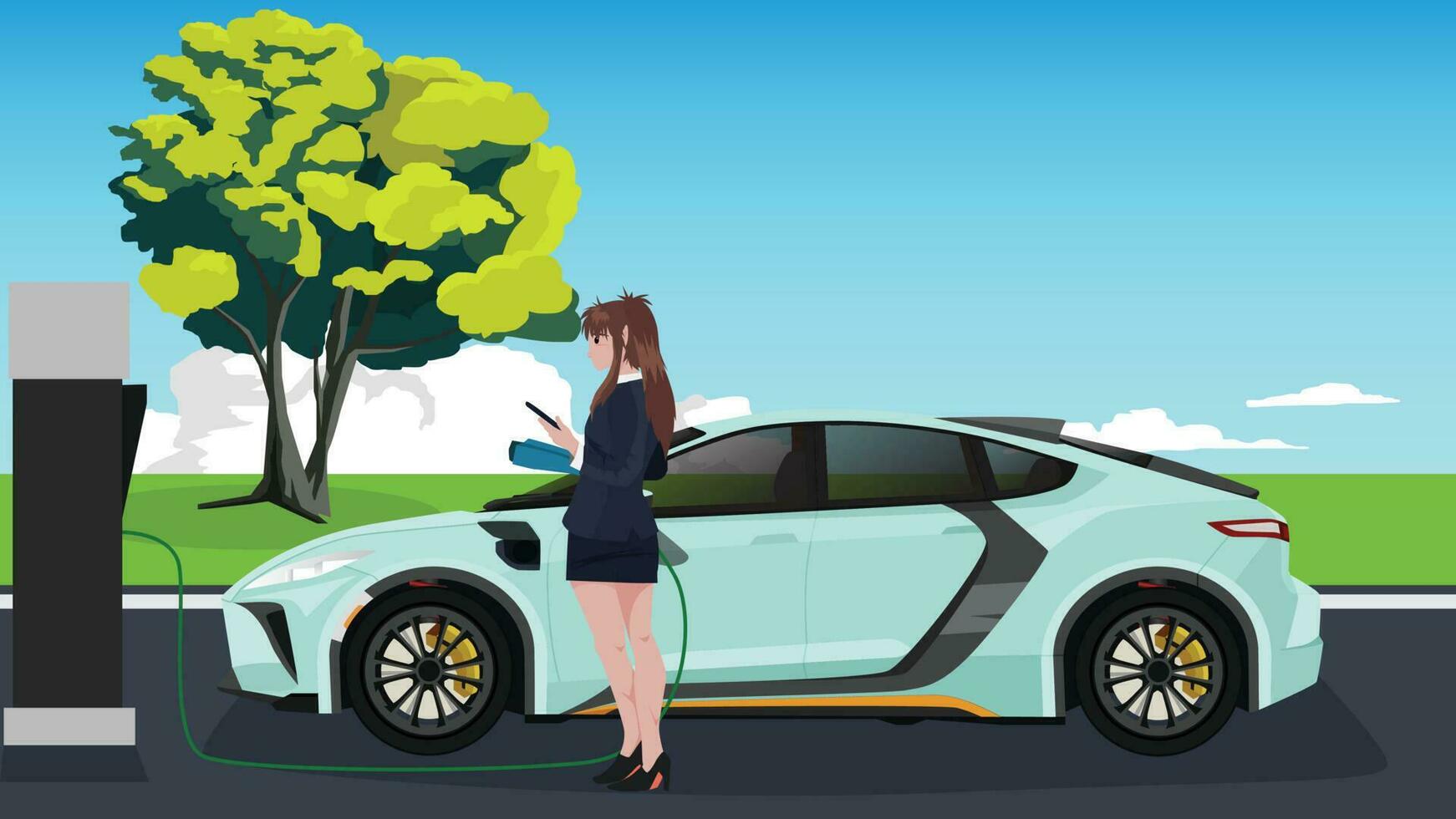 Vector or Illustrator concept. Female driver holds a power cable ready to power the car. Public power distribution box. Background of road green grass and tree under blue sky and white clouds.