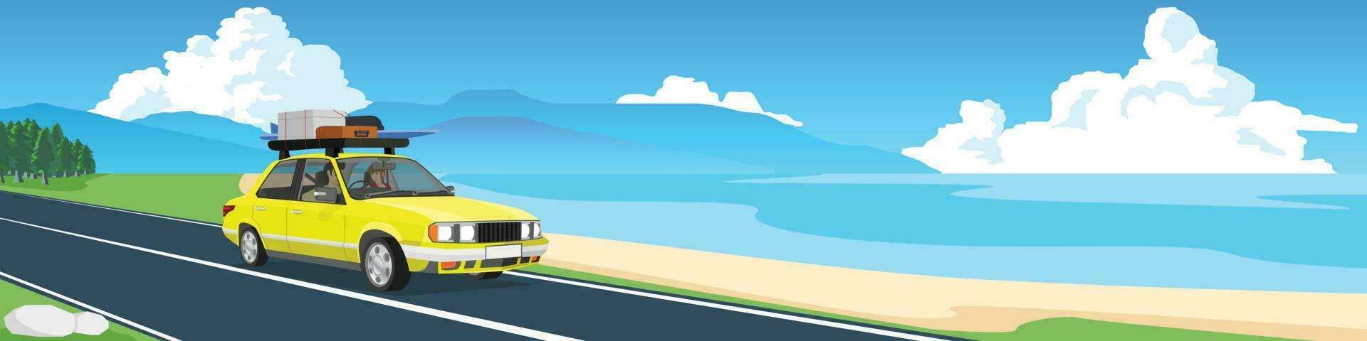 Vector or Illustrator and Landscape view. Travel car and people with luggage on roof top journey. Asphalt road path through the beach. Sea beach and island complex far away. Blue sky and white clouds.