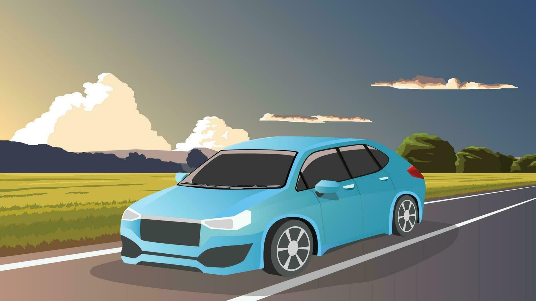 Vector or illustration of transportation. Blue car driving on the asphalt road. Environment evening sky. Meadow soft green with background of dark muntain under the sky.