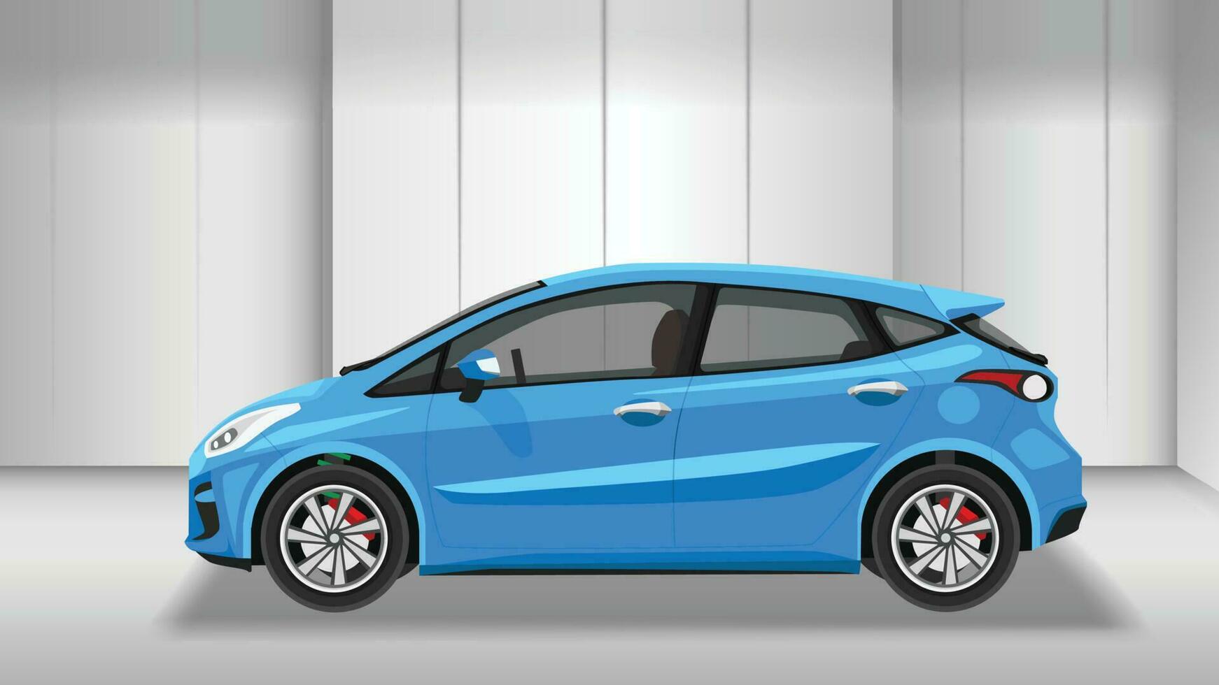 Vector or Illustrator of new vehicles in the showroom. Hatchback car blue color can see inside car. Backgroud of show room metal modern style.