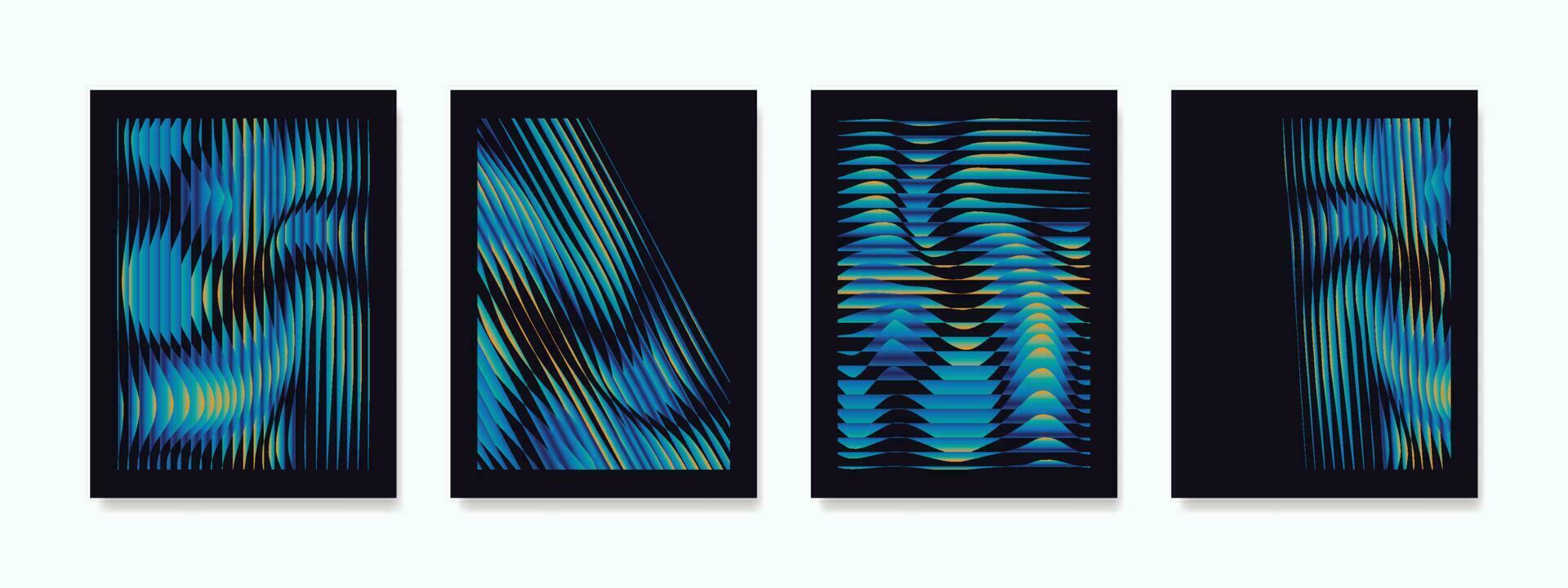 Abstract wall art, mesmerizing blue gradient wavy line pattern on dark background. The composition creates abstract illusions, engaging imagination and adding a touch of intrigue to any space. vector