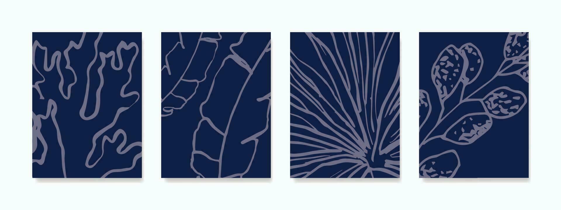 Leaf illustration wall art, featuring meticulously hand-drawn design lines in a captivating dark blue or purplish hue. vector