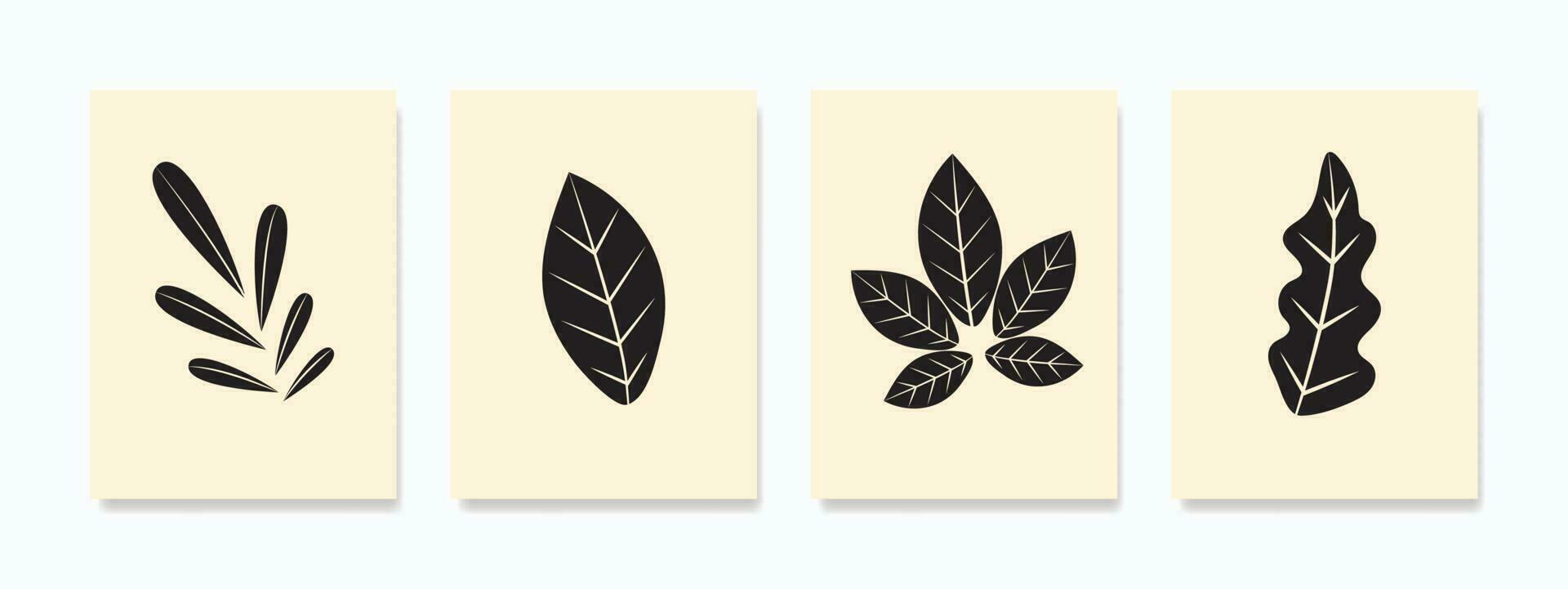 Black leaf illustration wall art, set against a soothing natural pastel color backdrop. Delight in the intricate details, capturing the shape and texture of the leaf veins. vector