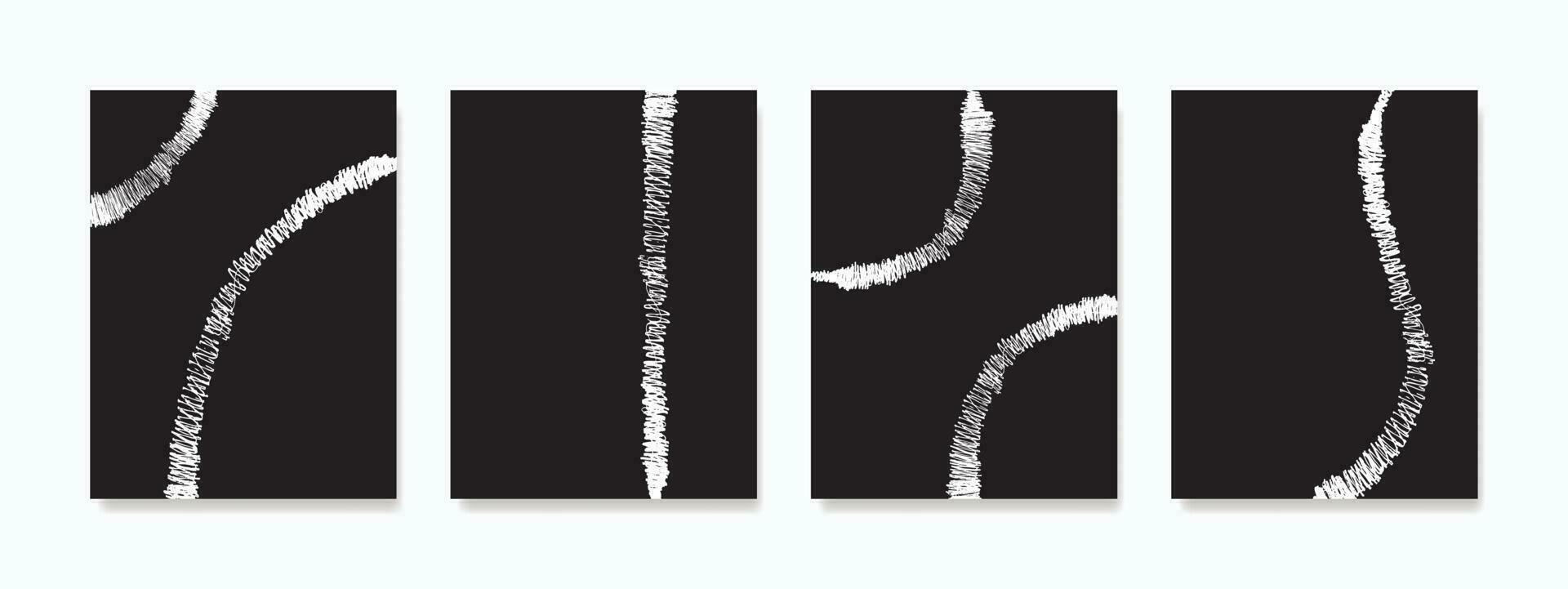 A mesmerizing white ink wave doodle wall art gracefully creates a captivating line pattern against a striking dark black background. vector