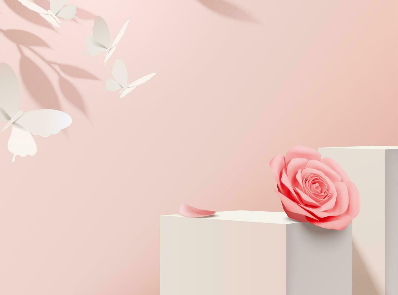 Paper pink rose decorative with stage in 3d illustration vector