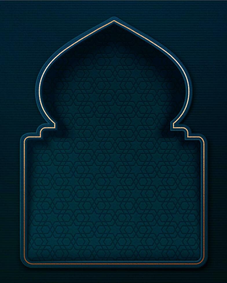 Dark blue Ramadan geometric motif in arabesque door shape background with golden color frame vector