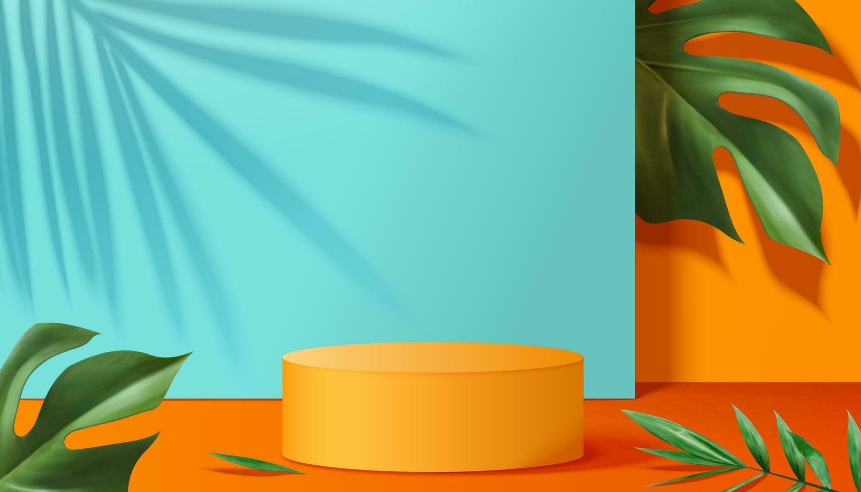 Orange podium stage with tropical plants in 3d illustration vector