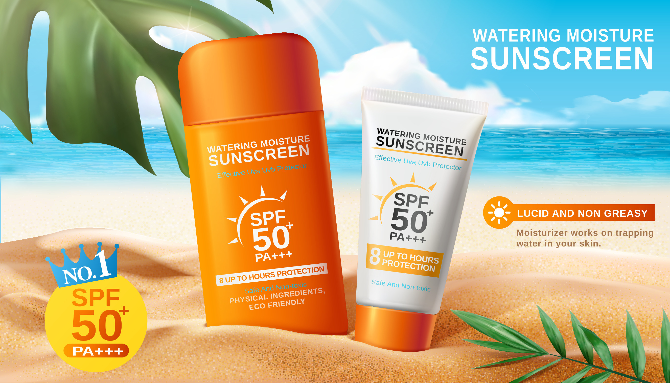 Sunscreen ads on beautiful beach and tropical plants in 3d illustration ...