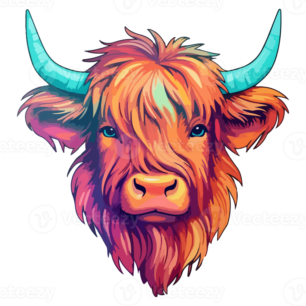 Highland Cow modern pop art style, Colorful Highland Cow illustration, pastel sticker cute colors, . png