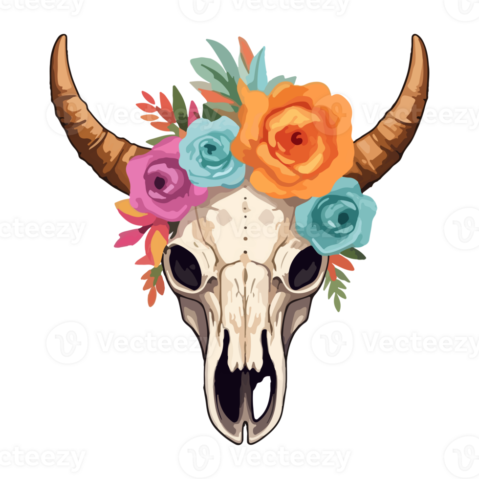 aquarelle longhorn taureau crâne et fleur, ai généré. png