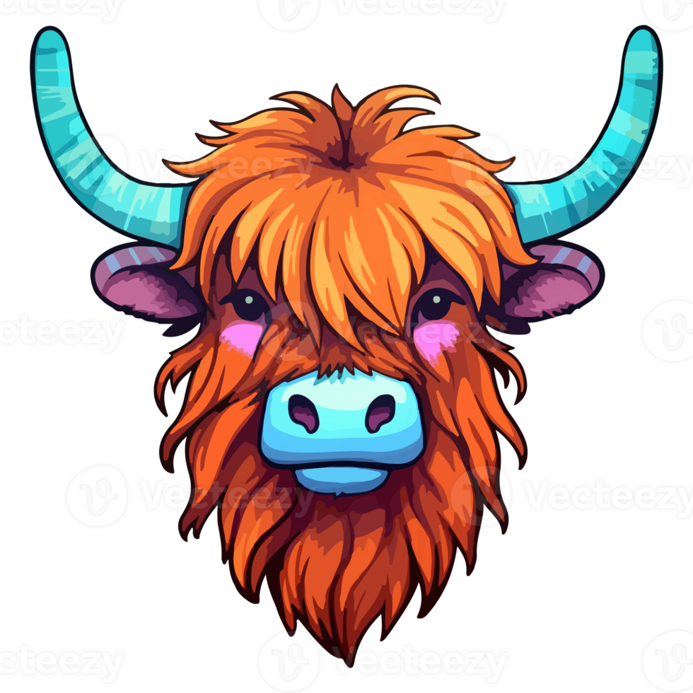 Highland Cow modern pop art style, Colorful Highland Cow illustration, pastel sticker cute colors, . png