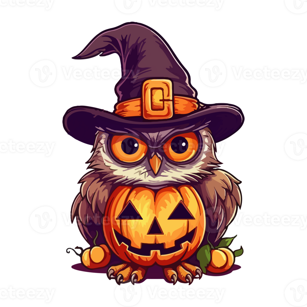 Cute funny owl with witch hat in Jack o lantern pop art style, owl with witch hat Sticker, . png