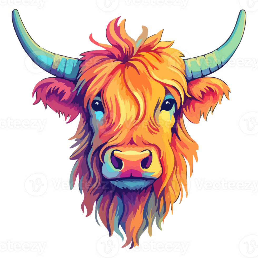 Highland Cow modern pop art style, Colorful Highland Cow illustration, pastel sticker cute colors, . png