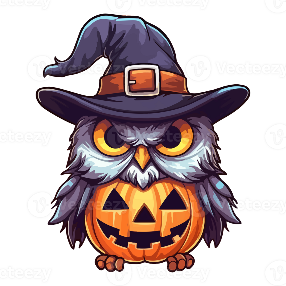 Cute funny owl with witch hat in Jack o lantern pop art style, owl with witch hat Sticker, . png