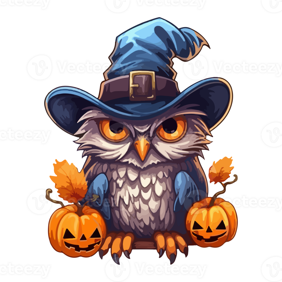 Cute funny owl with witch hat in Jack o lantern pop art style, owl with witch hat Sticker, . png