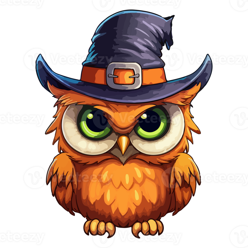 Cute funny owl with witch hat in Jack o lantern pop art style, owl with witch hat Sticker, . png