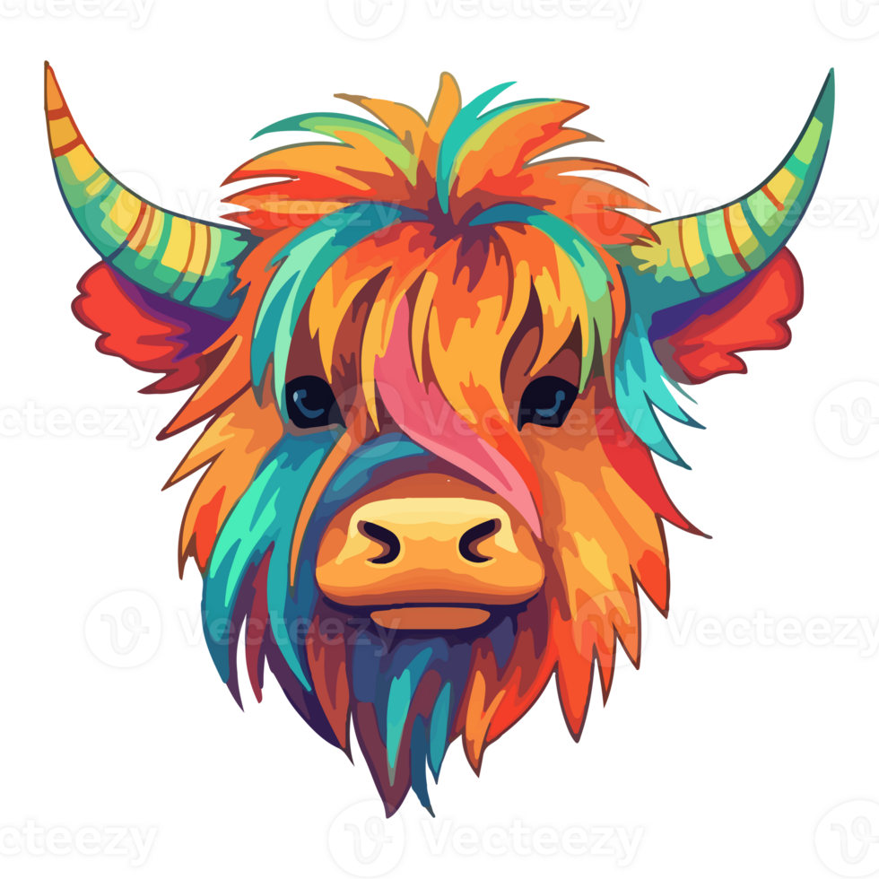 Highland Cow modern pop art style, Colorful Highland Cow illustration, pastel sticker cute colors, . png