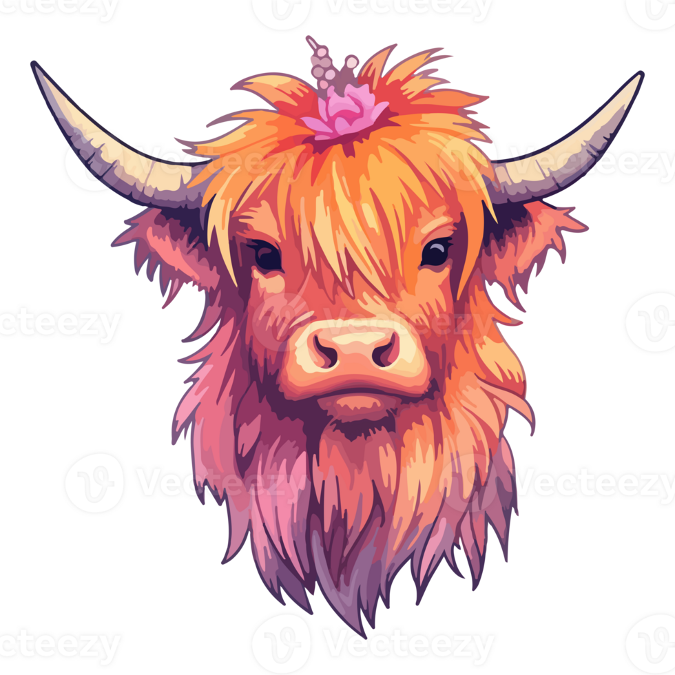 Highland Cow modern pop art style, Colorful Highland Cow illustration, pastel sticker cute colors, . png