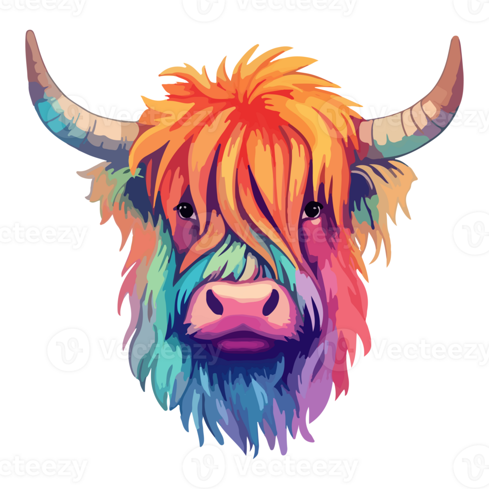 Highland Cow modern pop art style, Colorful Highland Cow illustration, pastel sticker cute colors, . png