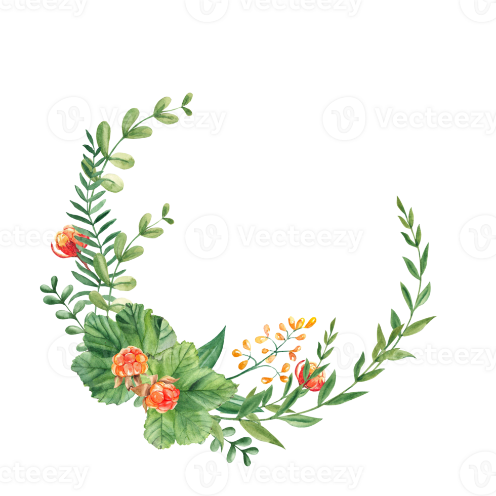 cloudberry guirlanda, folhas, bagas, verde galhos e amarelo flores aguarela mão desenhado ilustração. para cumprimento cartões, convites, Salve  a data, logotipos png