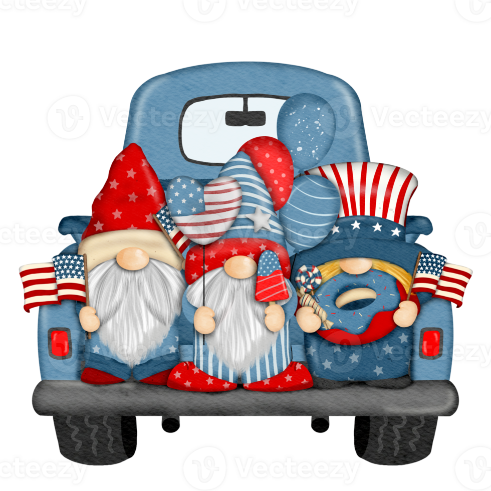Group of three cute Gnomes with Truck independence day Digital painting watercolor png