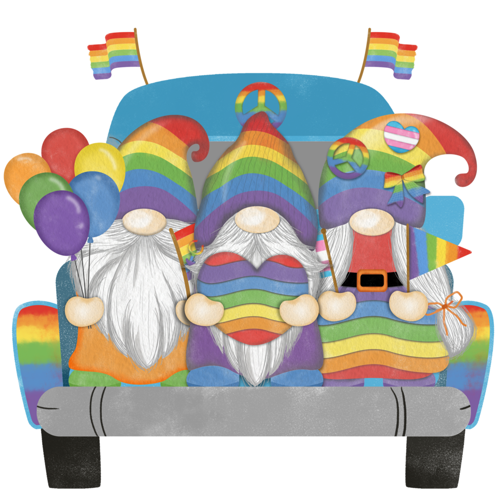Group of three cute Gnomes with Truck Pride Parade Digital painting watercolor png