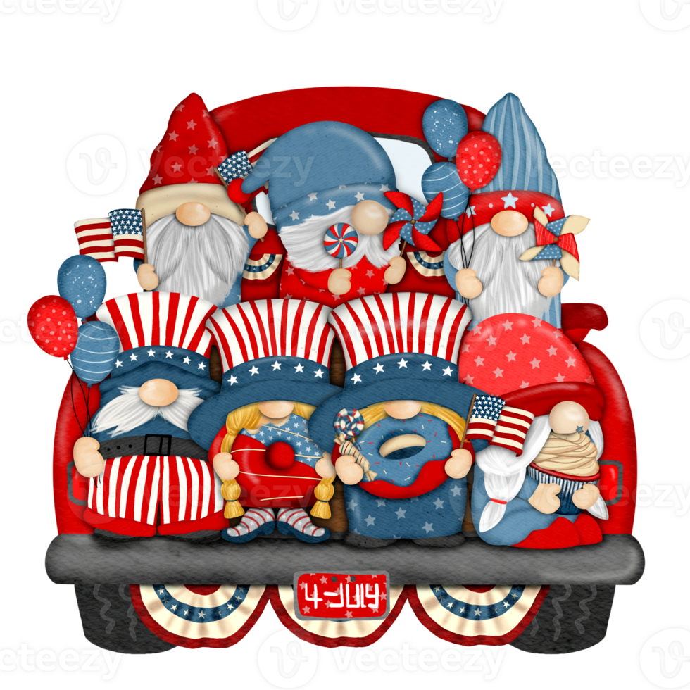 Group of three cute Gnomes with Truck independence day Digital painting watercolor png