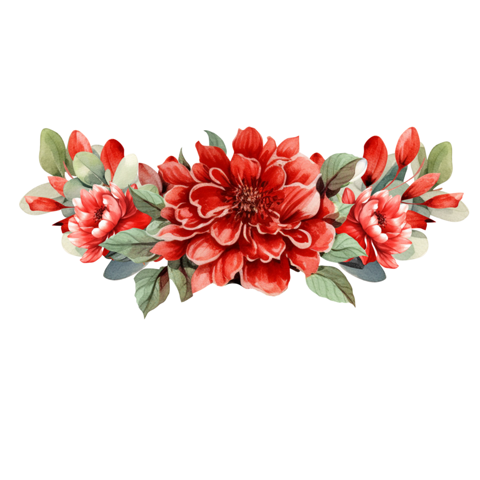 red floral border with greenery leaves watercolor png