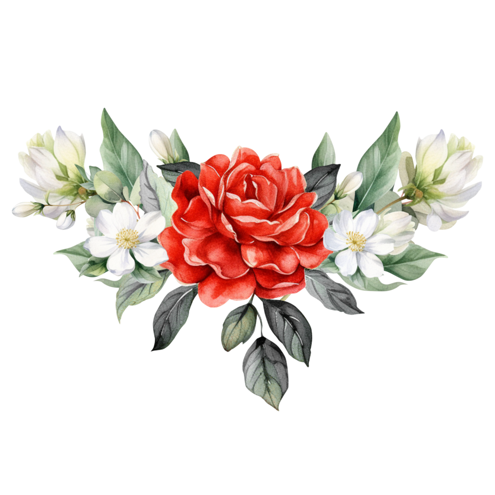 red floral border with greenery leaves watercolor png