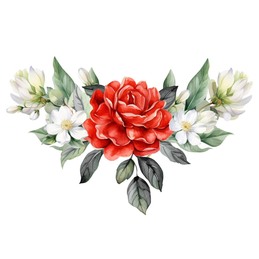 rood bloemen grens met groen bladeren waterverf png