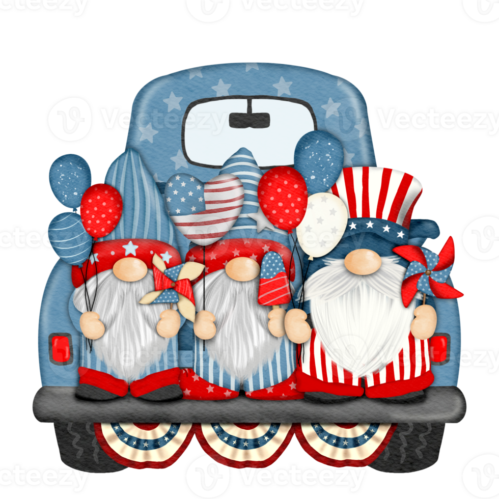 Group of three cute Gnomes with Truck independence day Digital painting watercolor png