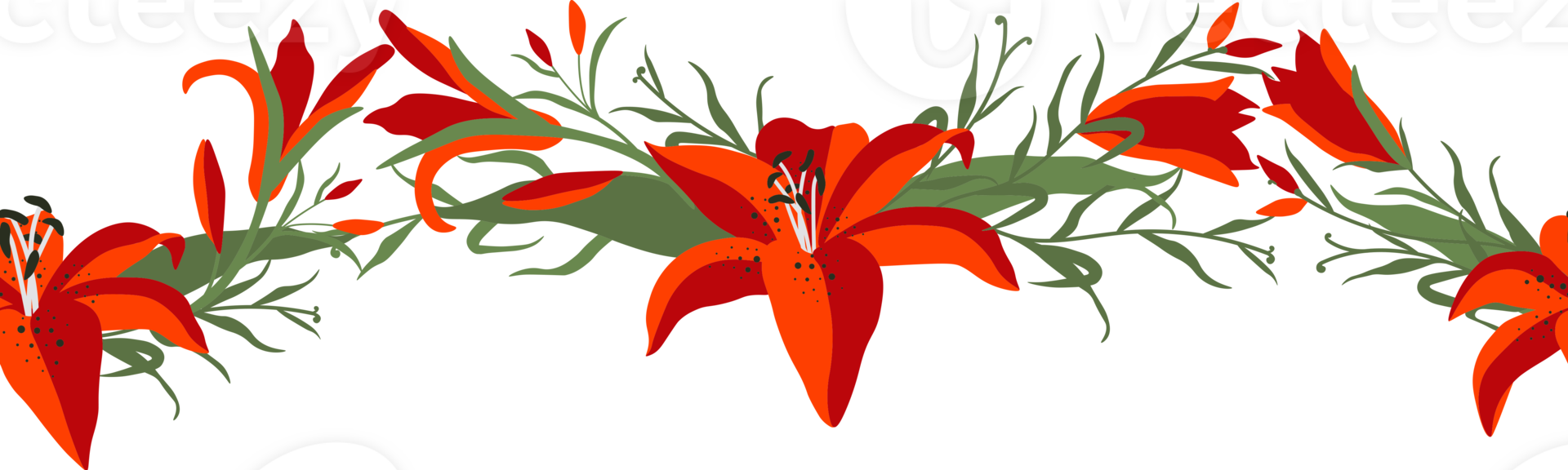 Lily seamless border illustration. Repeating ornament. png