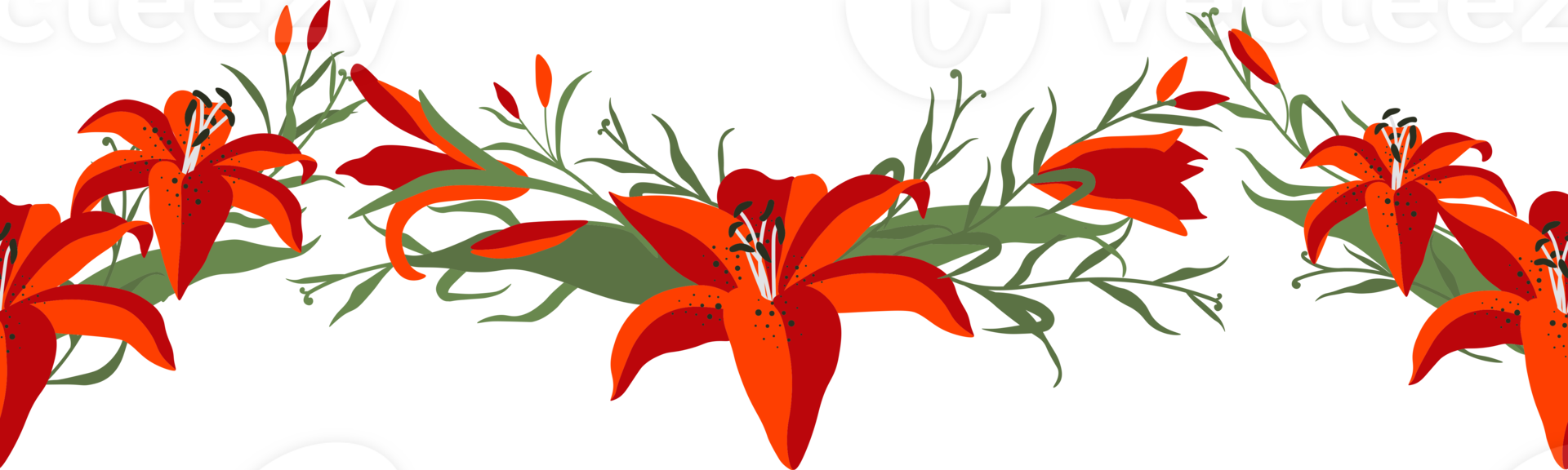Lily seamless border illustration. Repeating ornament. png