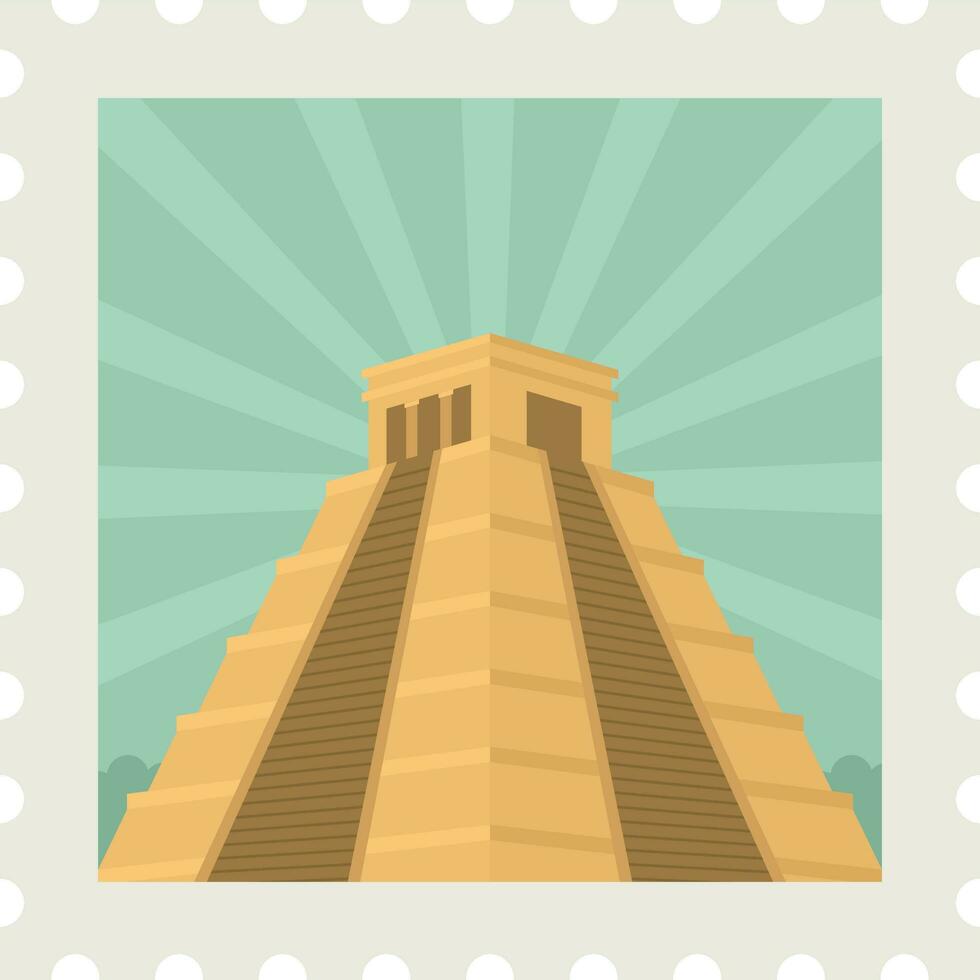 Orange Mayan Temple With Green Rays Background For Stamp Or Ticket Design. vector