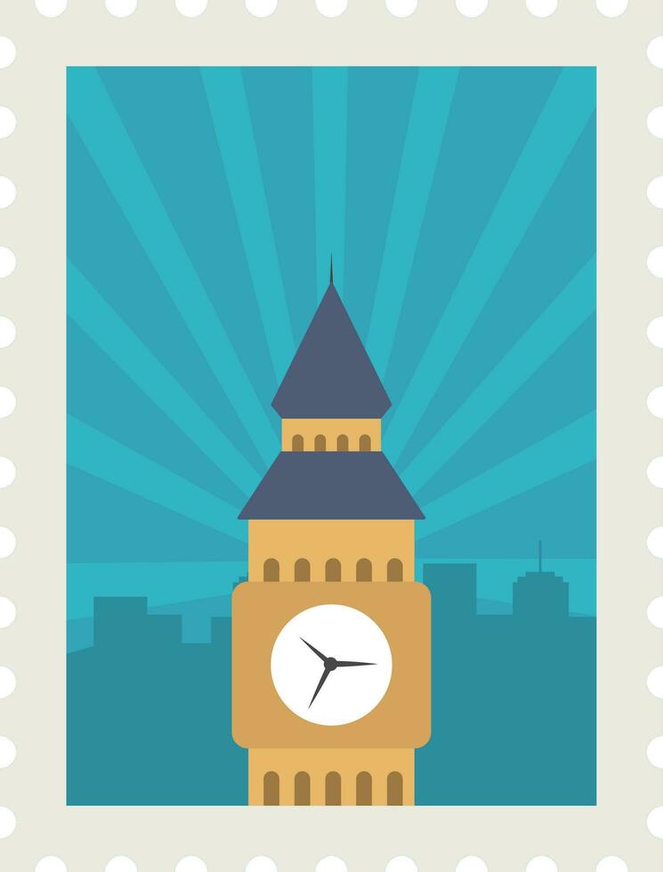 Isolated Big Ben Against Blue Cityscape Buildings And Rays Background For Stamp Or Ticket Design. vector