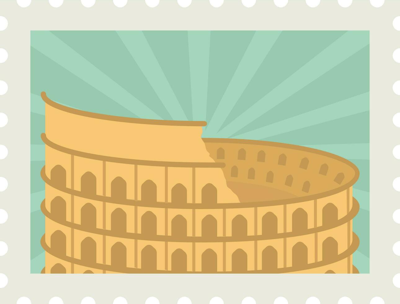 Orange Colosseum Against Green Rays Background For Stamp Or Label Design. vector