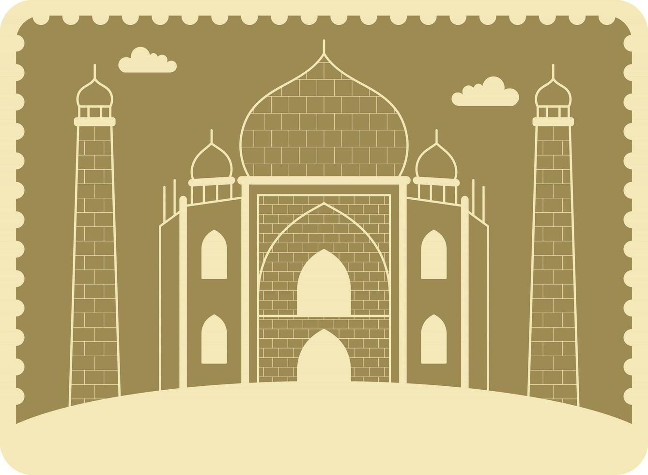 Taj Mahal Stamp Or Poster Design In Ecru Olive And Beige Color. vector