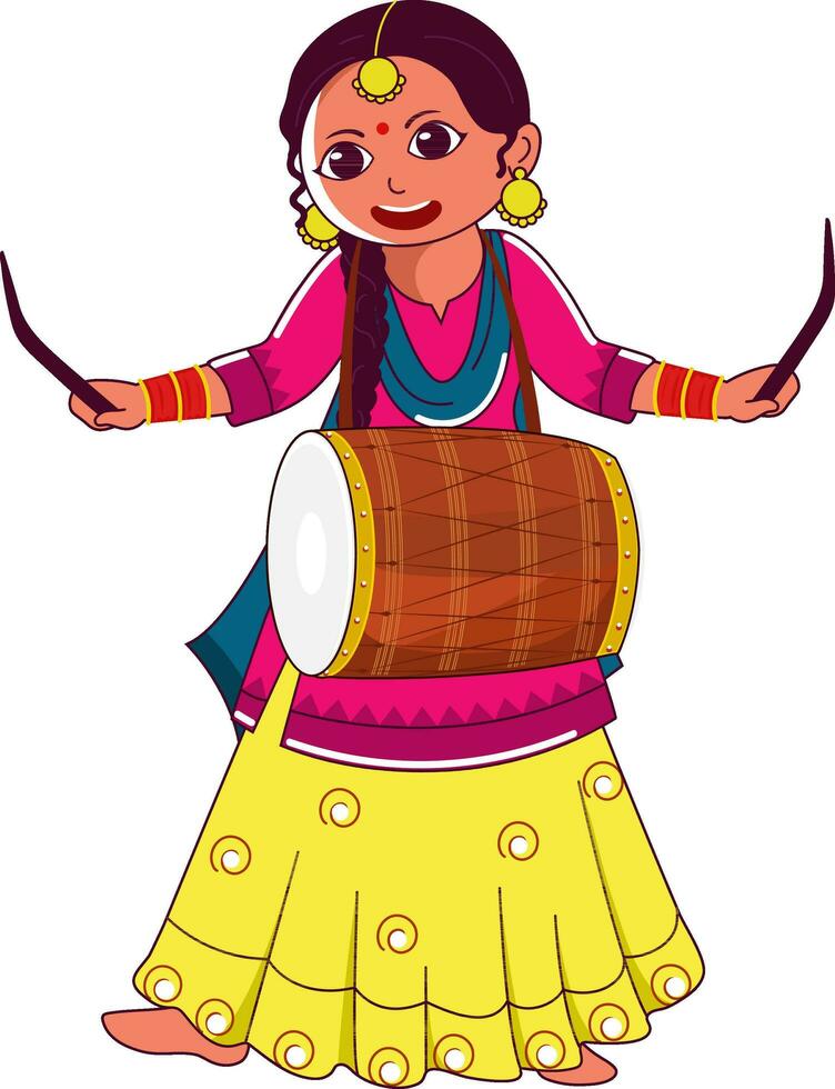 punjabi niña jugando dhol instrumento en en pie pose. vector