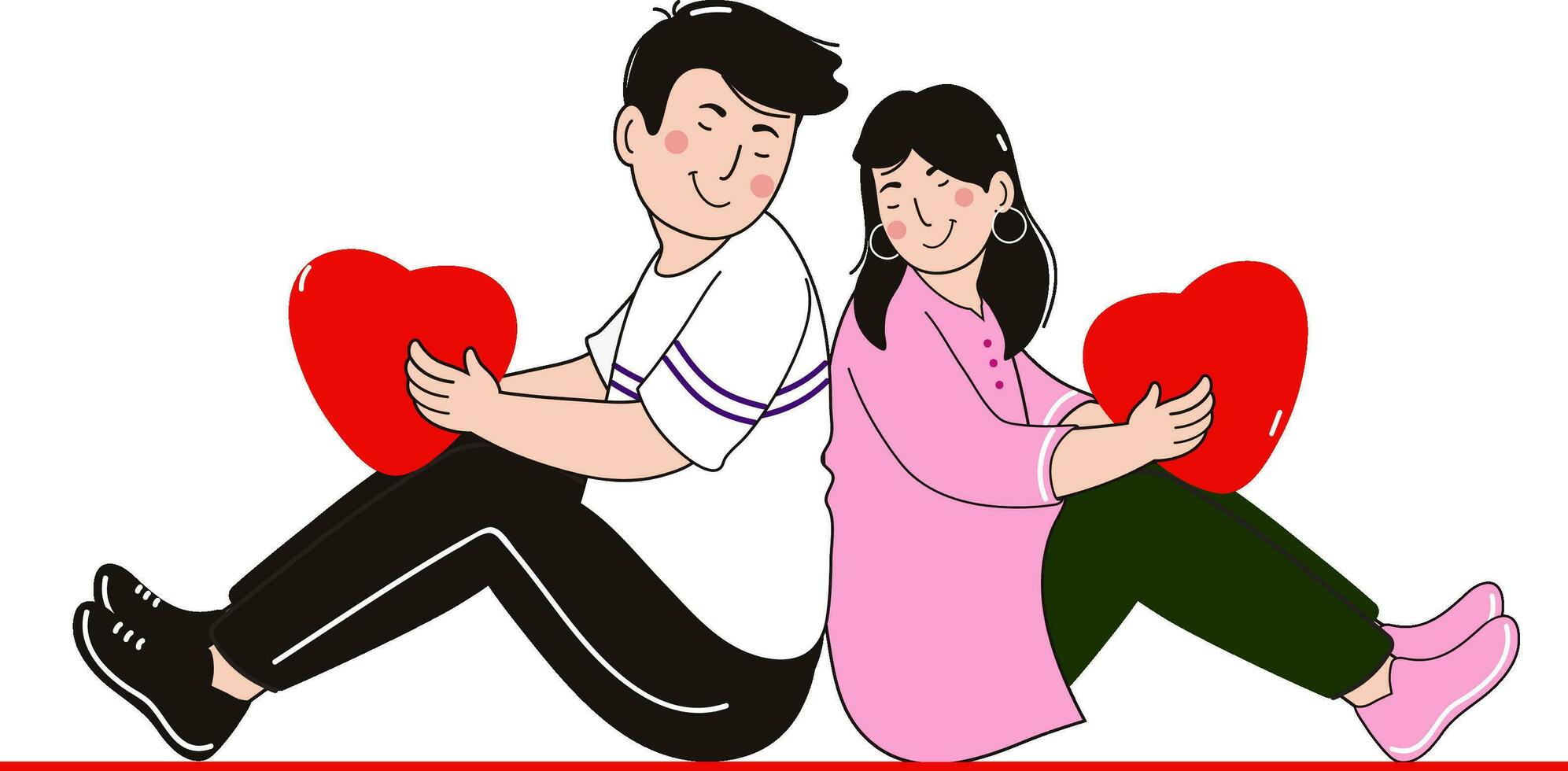 Young Couple Character Sitting With Back To Each Other And Holded Hearts. vector