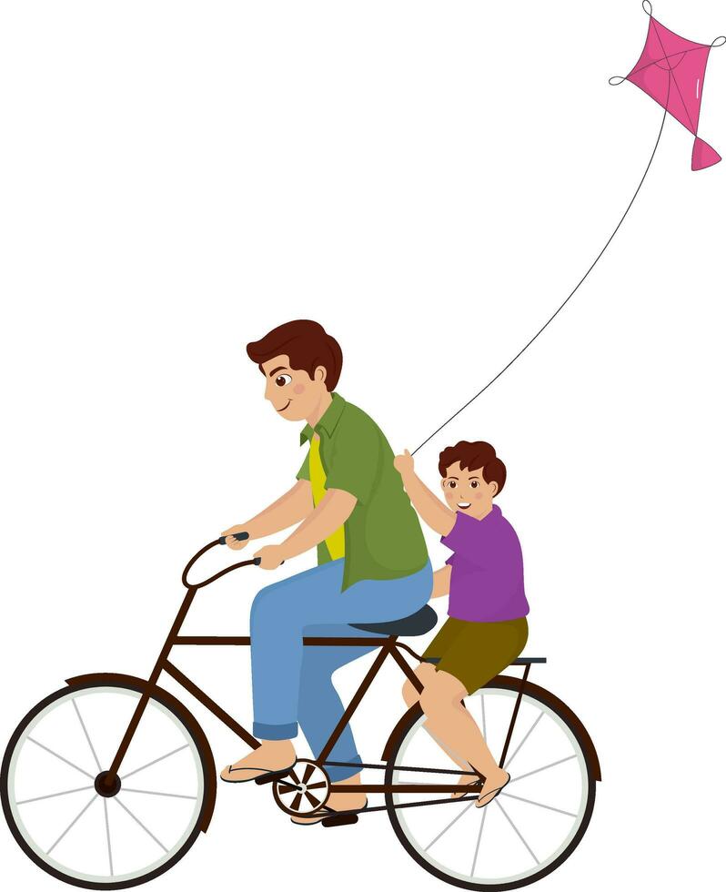 Young Man And Boy Riding Bicycle Together With Flying A Kite. vector
