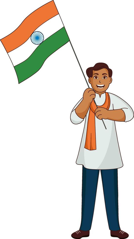 Indian Young Man Holding National Flag In Standing Pose. vector