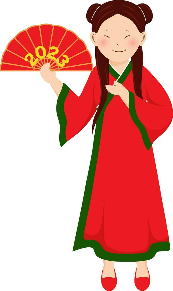 Chinese Young Girl Character Holding Folded Fan With 2023 Number In Standing Pose. vector