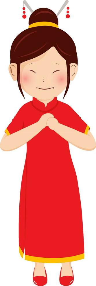 Character Of Chinese Girl In Traditional Costume Doing Fist And Palm Salute. vector