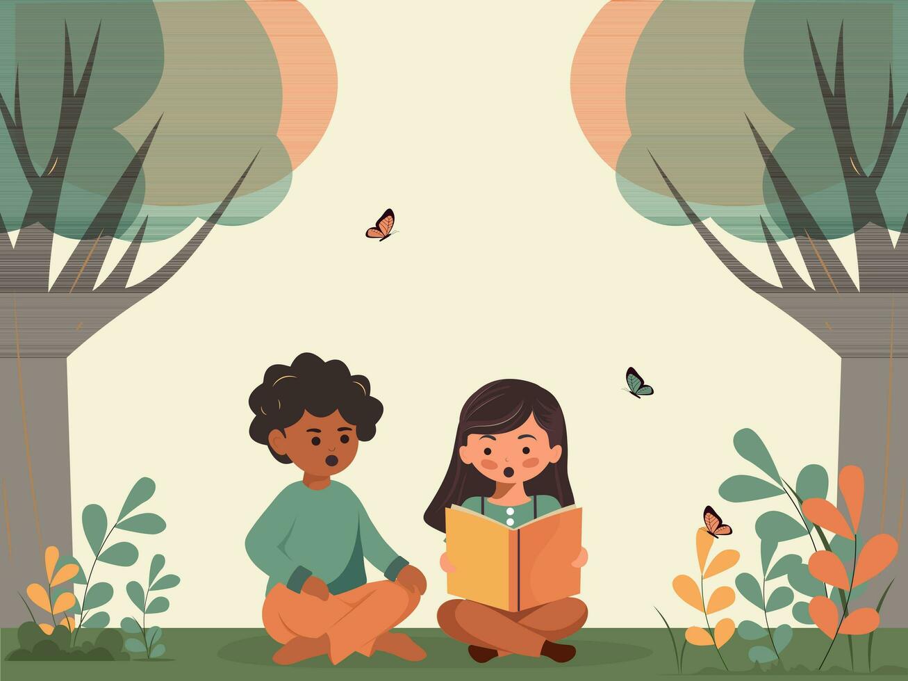 niños personaje leyendo un libro juntos y mariposas en naturaleza antecedentes. vector
